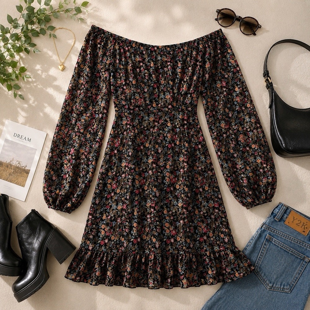 Y2K Style Black Floral Milkmaid Dress Cottagecore Fairycore90s Inspired Size M